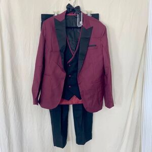 NWT Wangyue Mens Suit 3 Piece Slim Fit Burgundy Red Black XL